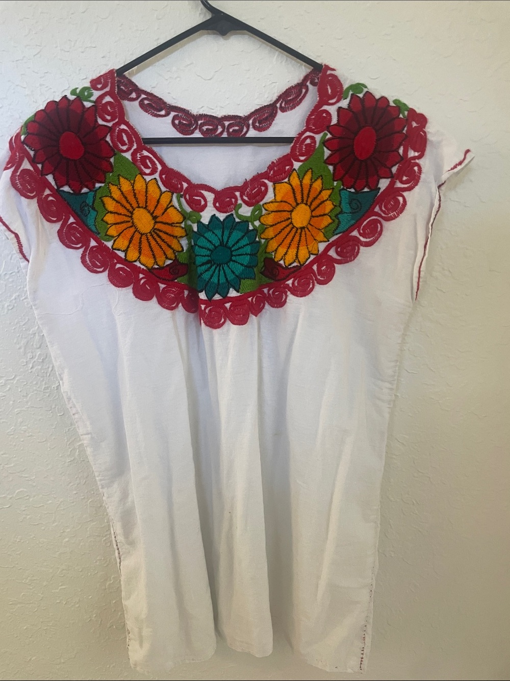 Embroidered Floral White Mexican Peasant Top - Red Trim